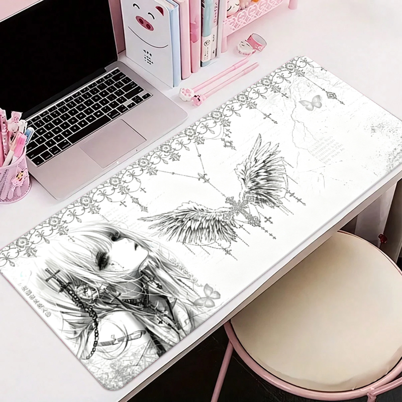 Pc Gaming Keyboard And Mouse - Leather Mousepad Black White Anime Aesthetics